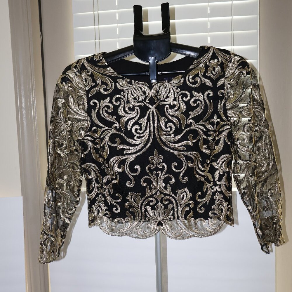 Marchesa Notte Gold Black Embroidered Tulle Crop Top Formal Blouse Size US L